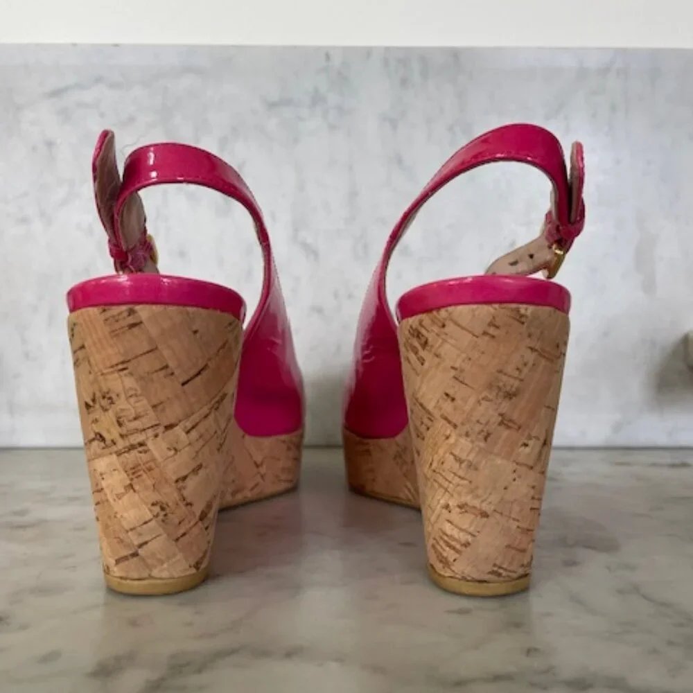 STUART WEITZMAN Jenny Fuchsia Peep Toe Sling Back Cork Wedge 6M